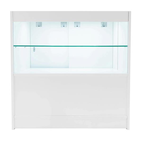Sleek white Selene LED shop counter set with two glass shelves, illuminated interior, and modern design for retail display