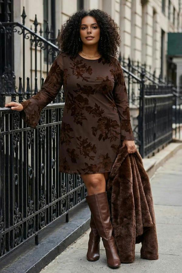 WOVCOR Flock Print Bodycon Mini Dress with Tulle Flare Sleeves