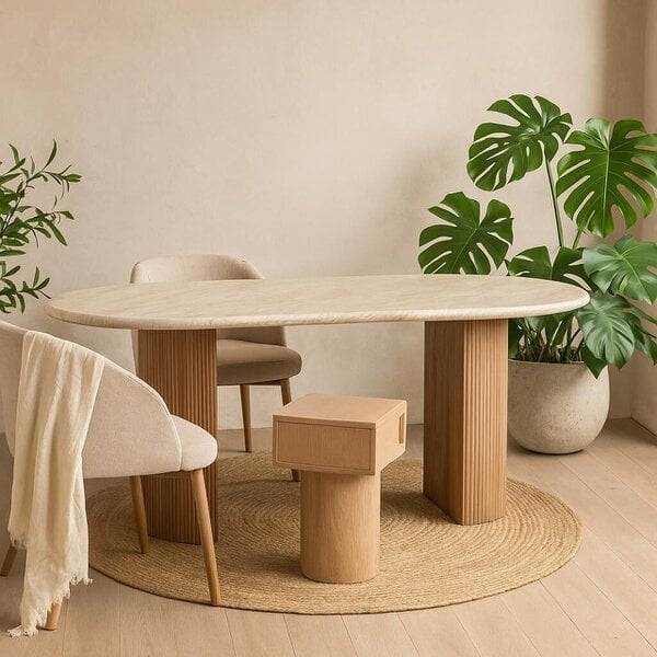 Wyld Haus Boston Natural Oak and Brown Marble Pedestal 6 Seater Dining Table