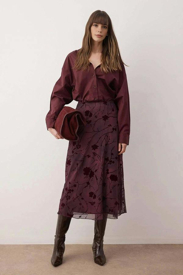 WOVCOR Pencil Maxi Tulle Flexible Knit Skirt with Flock Print