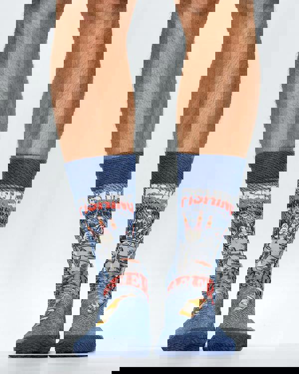 Colourful socks with fishing and beer design