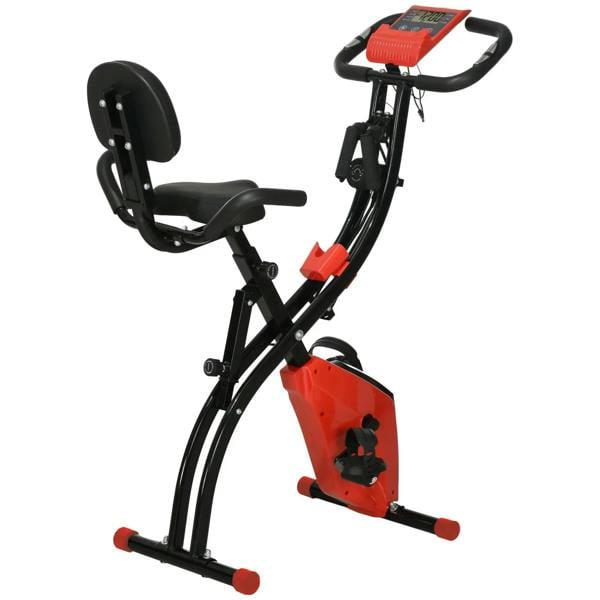 Folding exercise bike in wine red and black, upright with adjustable seat and handlebars