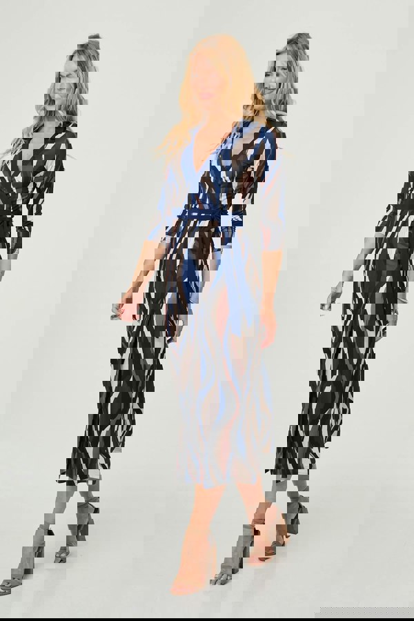 Blue | Striped 3/4 Sleeve Midi Wrap Dress
