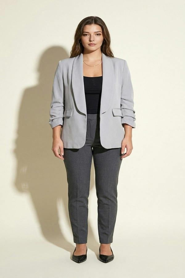 Valerie Ruched Sleeve Open Front Blazer Jacket With Front Pockets - Grey