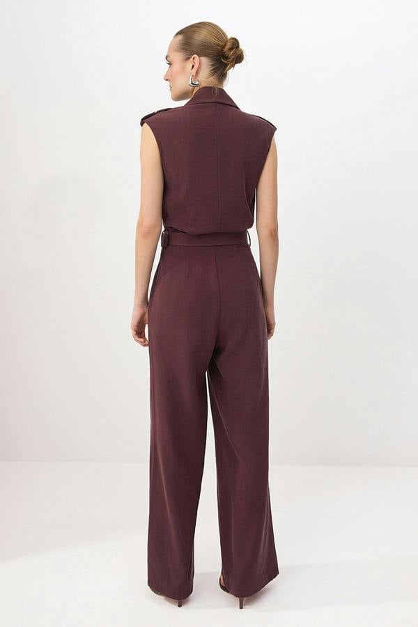 Belted Wide Leg Sleeveless Collar Jumpsuit