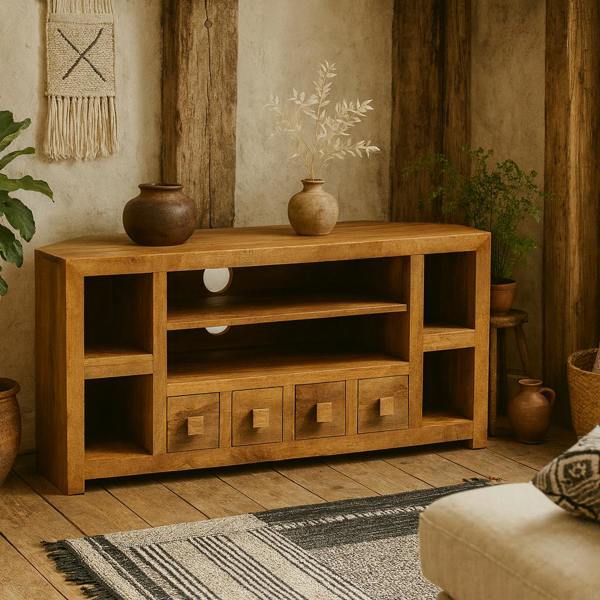 Wyld Haus Manila Light Mango Wood Modern Corner TV Unit