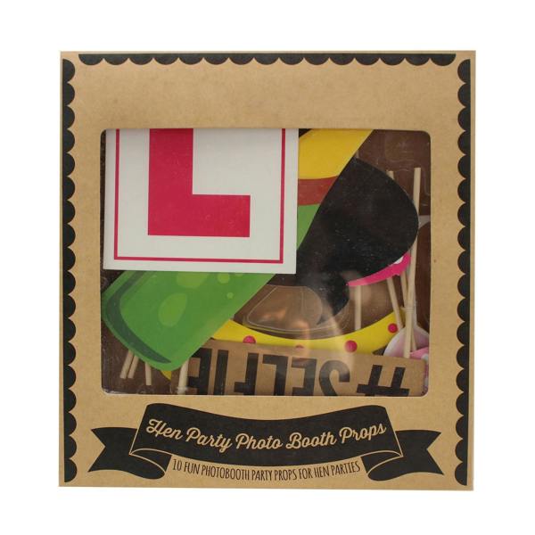Front view of the square kraft paper retail packaging box for the hen party photo booth props with a clear viewing window.