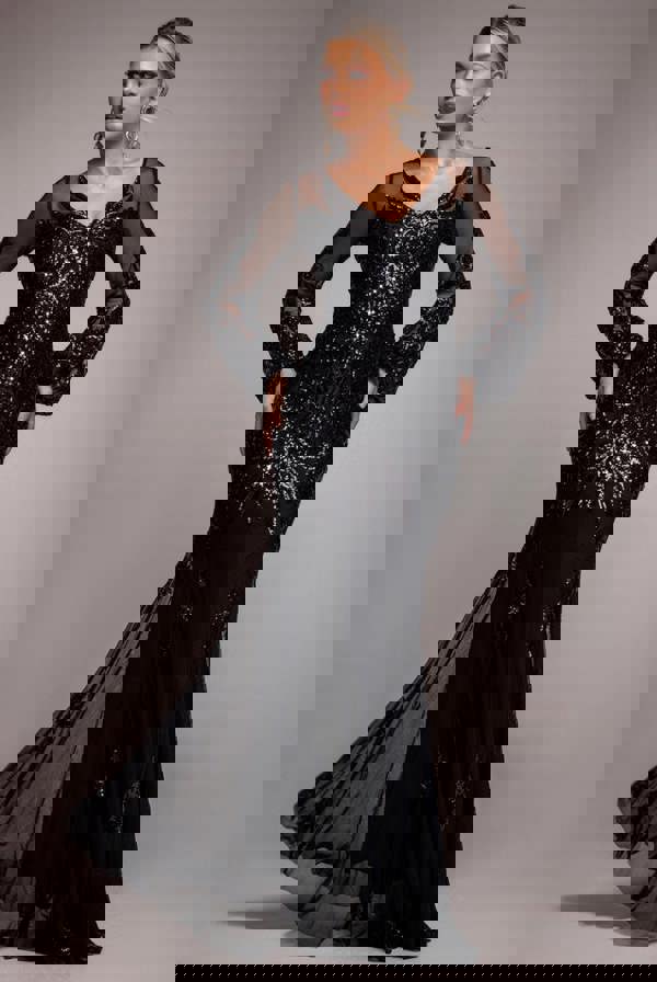 Embellished Sequin Bishop Sleeve Maxi Dress - Black DR4634