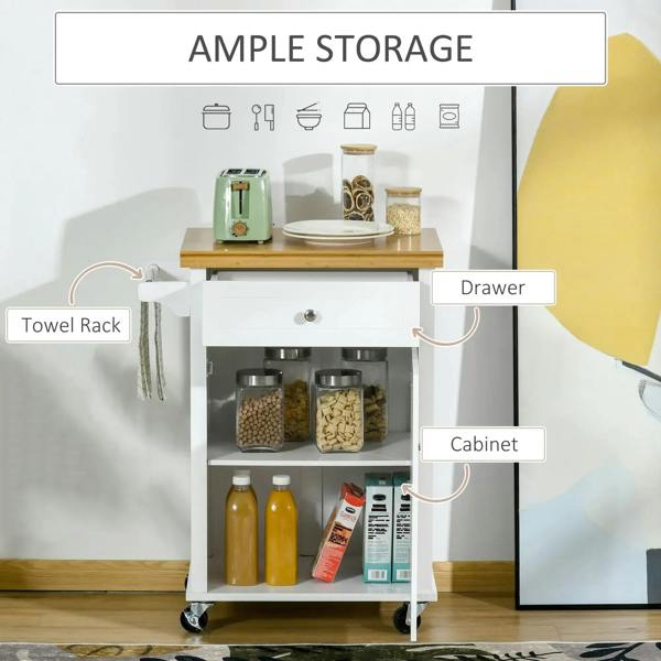 White kitchen storage cart open cabinet with towel rail and drawer for organizing kitchen items