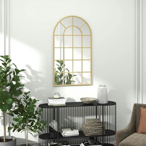 110 x 65 cm Arched Decorative Wall Mirror for Bedroom Living Room, Modern Window Bathroom Mirror for Home Decor - Gold Tone