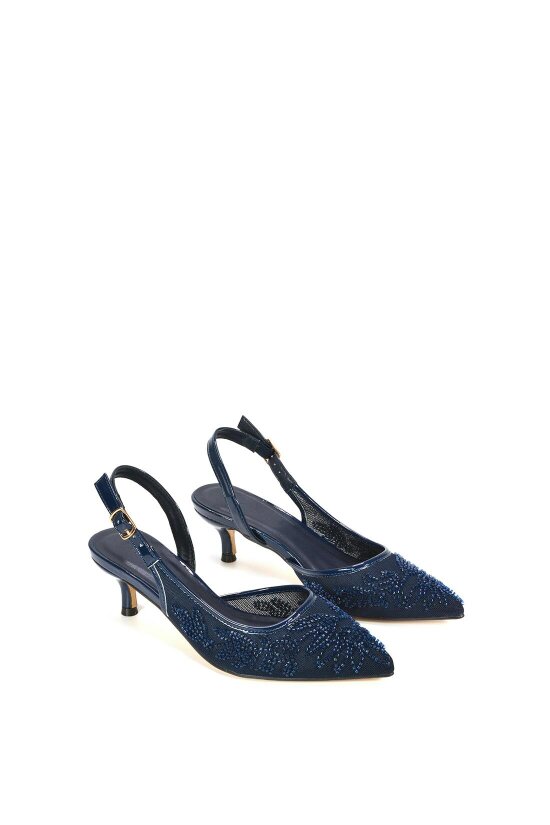 XY LONDON Embroidered Slingback Court Shoes With Kitten Heel