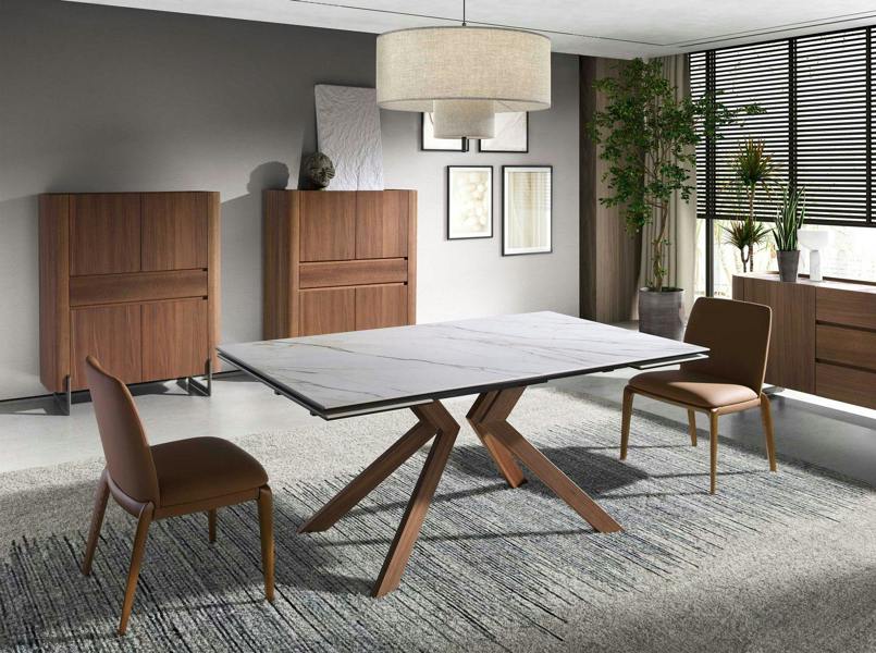 Angel Cerdá Rectangular extending dining table in porcelain marble and walnut effect steel 1120