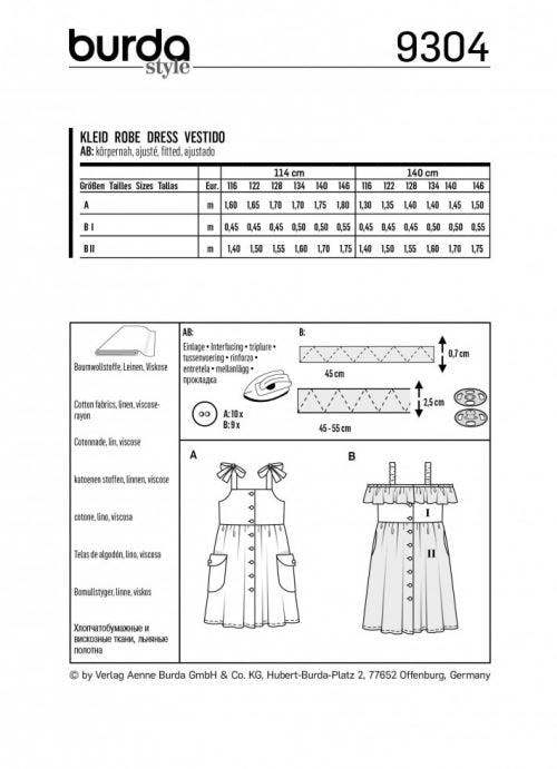 Burda Sewing Pattern 9304 Dresses For Kids, 116cm-146cm - Intermediate