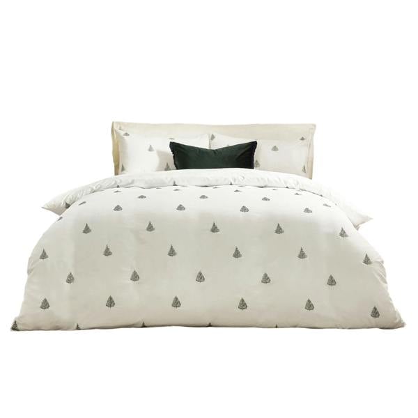 Wylder Ultimate Reversible Velvet Embroidered Duvet Cover Set - White/Forest Green