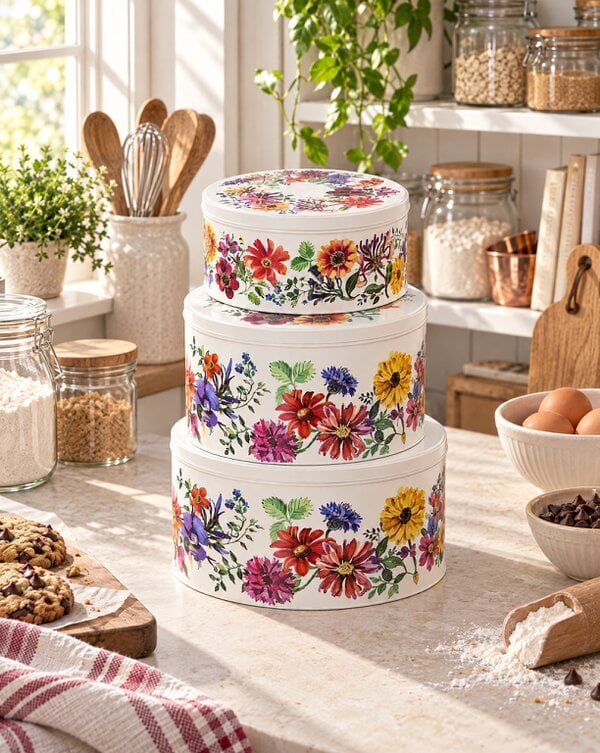 Museum Selection Cake Tins, Metal Cream, Garden Flower Set of Three