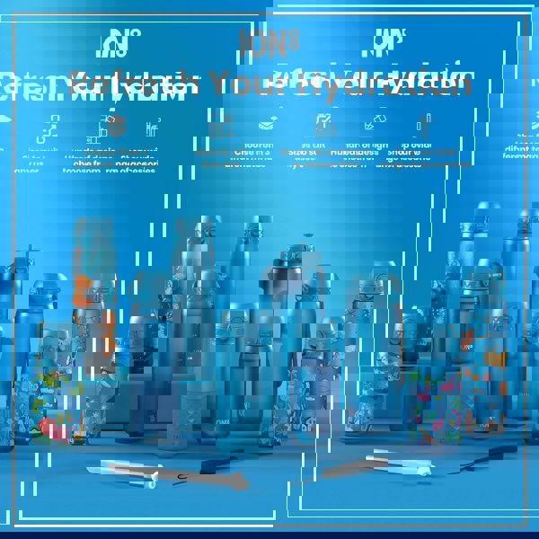 Several blue water bottles, varying in size and design, are displayed on a blue surface. They are shown alongside a straw and a lanyard. The text reads: "ION8 Refresh Your Hydration", "Choose from 3 different materials", "Sizes to suit any user", "Hundreds of designs to choose from", and "Shop our wide range of accessories".