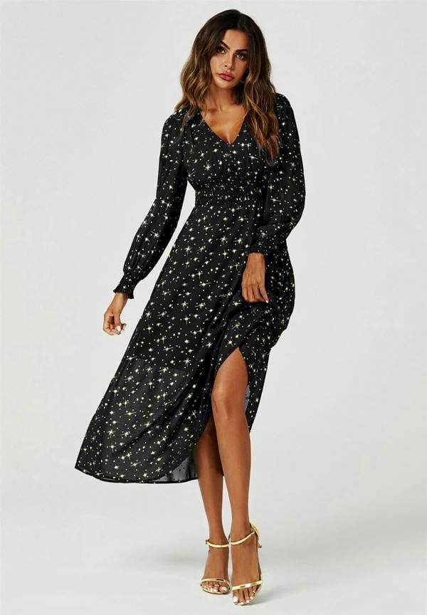 FS Collection Gold Star Foil Long Sleeve Maxi Dress In Black