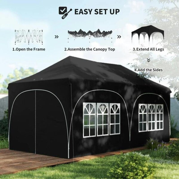 Bobobiy 3 x 6m Pop Up Gazebo Shelter with Sides, 6 Sandbags, Peak Top Garden Party Tent Marquee with Carry Bag, Black