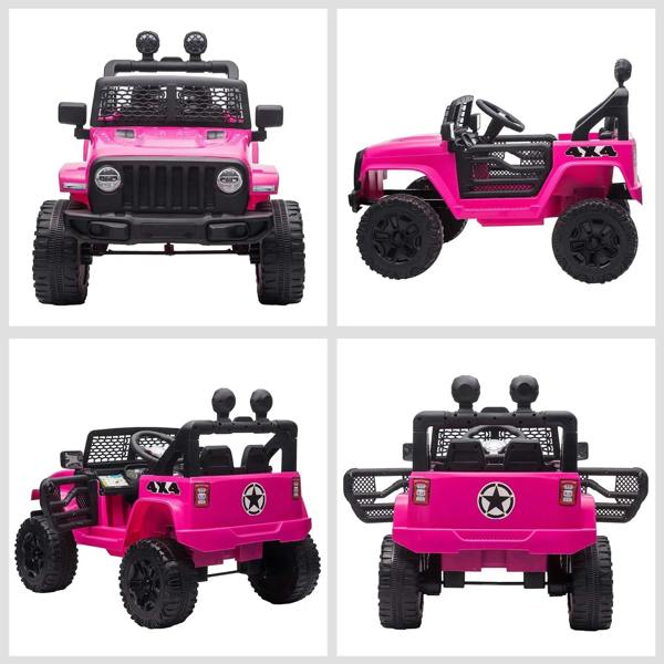 Pink kids ride-on off-road car collage with front, side, and rear views, 4x4 styling