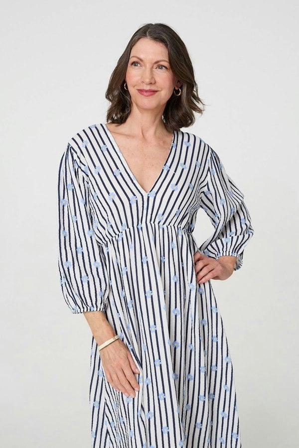 Blue | Striped Long Sleeve Empire Maxi Dress
