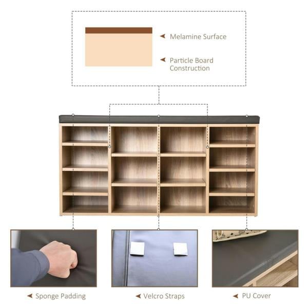 Dyzi 14 Compartment Shoe Storage Bench Removable Shelves Padded Seat Brown