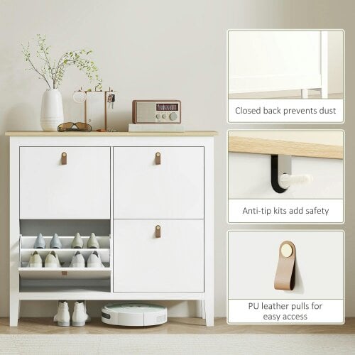 Wyld Haus Milese Wooden White and Natural Modern 4 Drawer Shoe Cabinet Faux Leather Handles