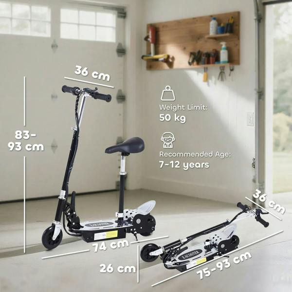 Foldable scooter side view with adjustable seat post and front wheel assembly