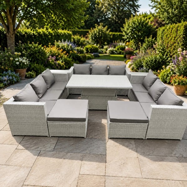 Fimous 6 PCs Rising Dining Table Set Rattan Furniture Set with 3 Seater Sofa 2 Big Footstool Light Grey