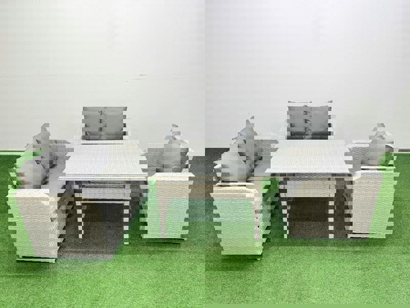 Fimous High Back Poly Rattan Garden Furniture Set with Reclining Chair Loveseat Sofa Rectangular Dining Table Indoor Outdoor Patio  Set Light Grey