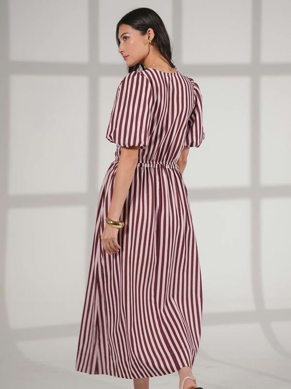 Rose & Nancy Isla Burgundy And Pink Stripe Cotton Linen Blend Dress
