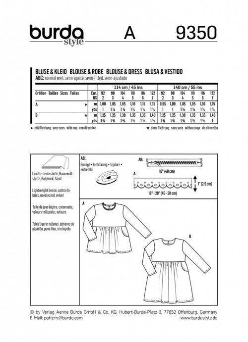 Burda Sewing Pattern 9350 Dresses and Tops For Kids, 2-7 Years - Easy