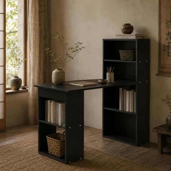 Wyld Haus Elni 120cm Wooden Black Study Desk With 6 Tier Bookshelf Storage