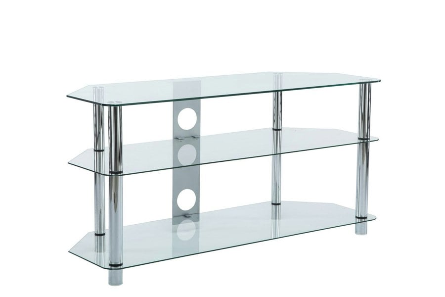 MMT Furniture Designs Clear Glass TV Stand 125cm wide Chrome Leg for 32-55 inch TV Screens