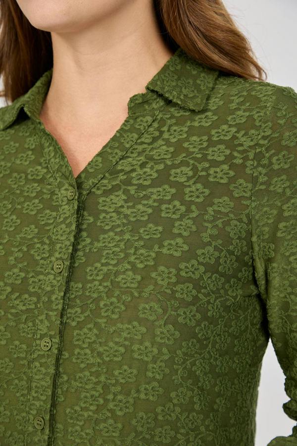 Mudflower Floral Lace Full-Sleeve Stretch Shirt Blouse