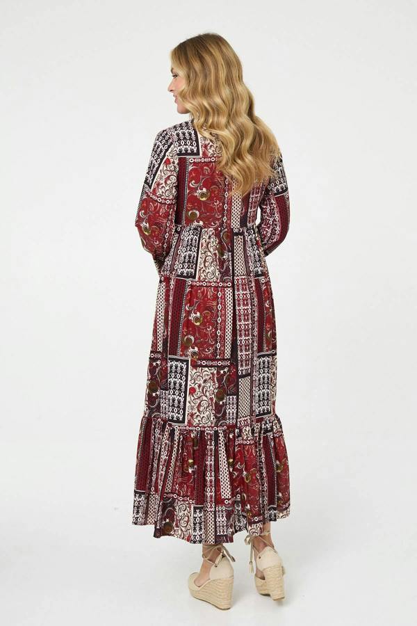 Red | Patchwork Print Long Sleeve Maxi Dress