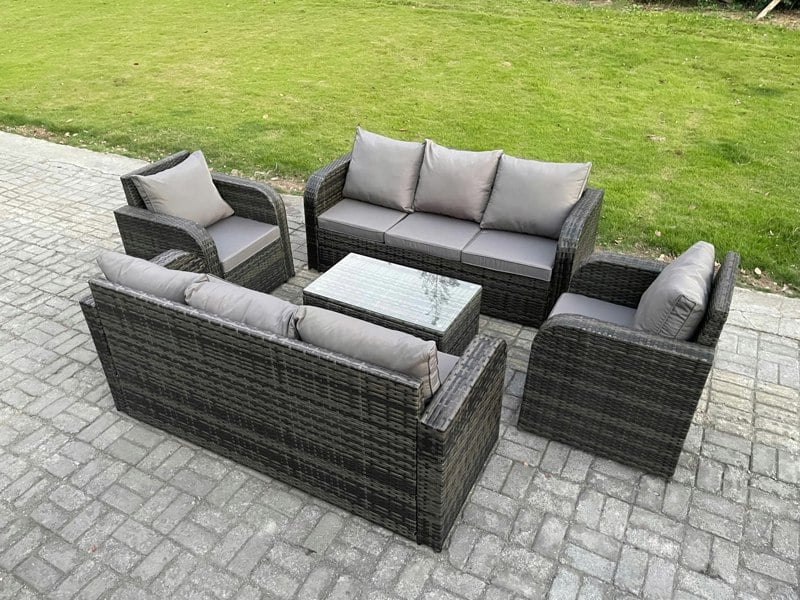 Fimous Rattan Outdoor Garden Furniture Sofa Set Patio Table & Chairs Set with 3 Seater Sofa Reclining Chair Dark Grey Mixed
