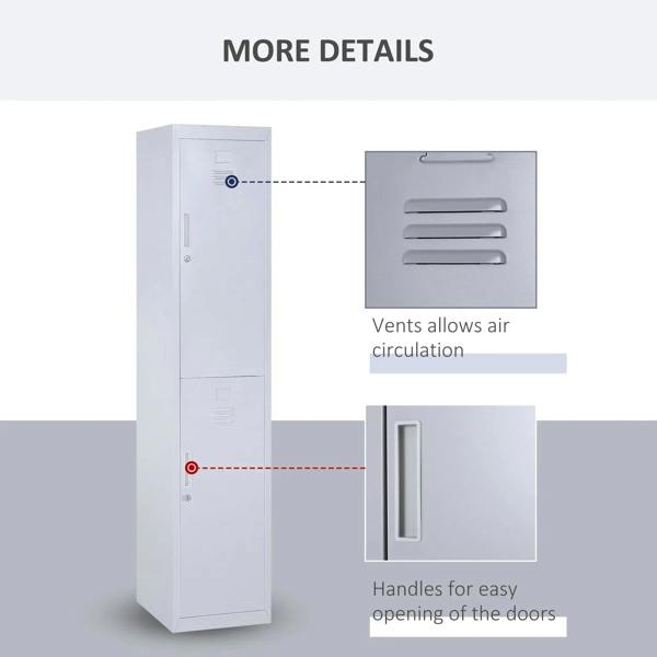 Grey locker cabinet with ventilation vents and recessed door handles