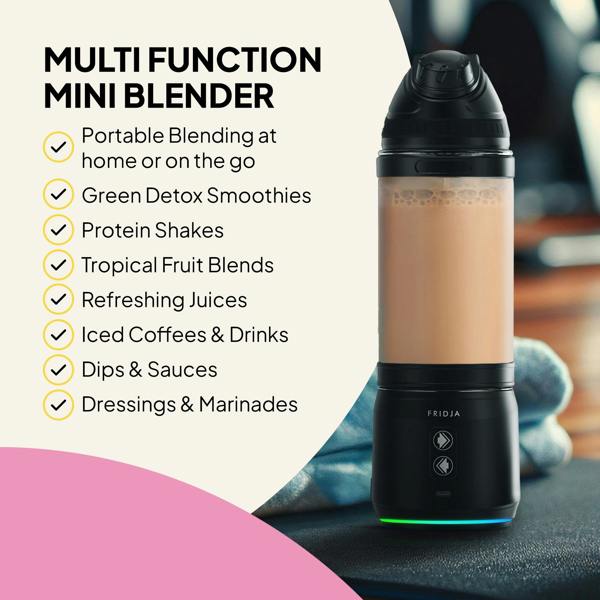 A black Fridja Kitchen Trio f500 portable blender with a light brown drink sits on a counter. Text lists uses: automatic citrus juicer, smoothies, shakes, fruit blends, juices, iced drinks, dips, dressings.