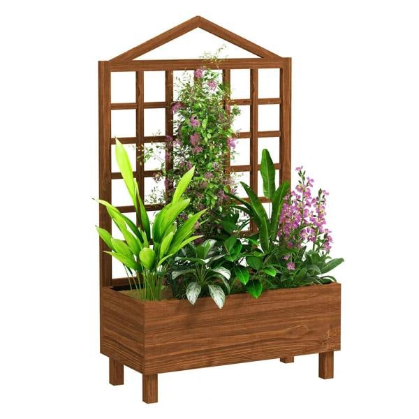 Brown distressed wooden raised garden planter with trellis and climbing vines