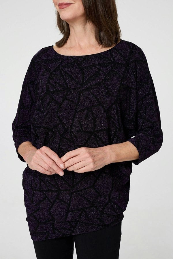 Purple | Sparkly Knit Batwing Sleeve Tunic Top
