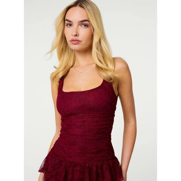 Pink Vanilla Lace Square Neck Dress - Wine