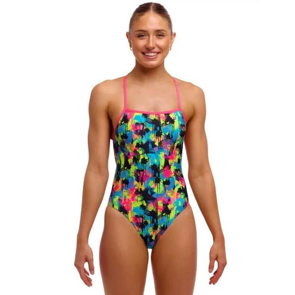 Funkita Blotchy Babe Strapped neon floral one-piece swimsuit in black/multi