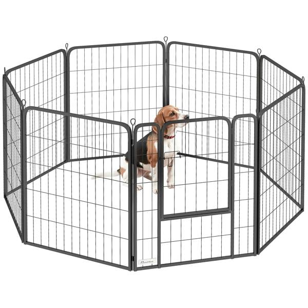 Black eight-panel dog playpen with hinged door, metal wire panels, dog inside