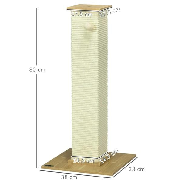 Cream sisal scratching post, 80 cm tall, square wooden base and top