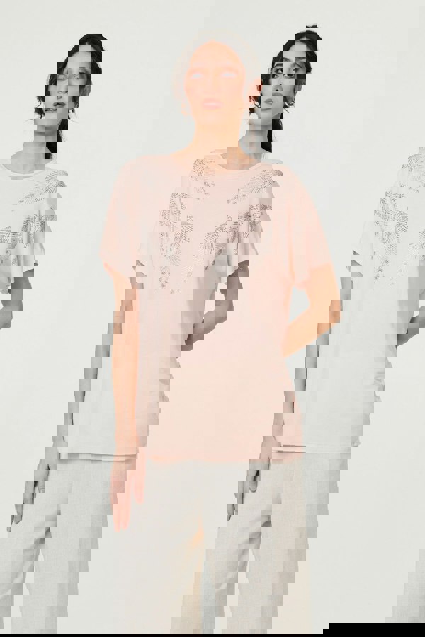 Pink | Sparkly Feather Print Relaxed T-Shirt
