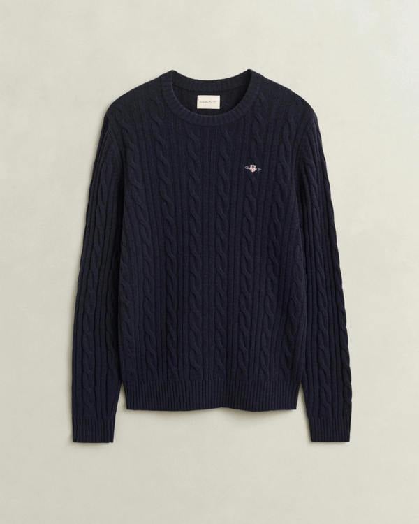 GANT Mens Lambswool Cable Crew Neck Sweater - 433 Evening Blue | CHO | Designer Mens Crew Neck Jumpers