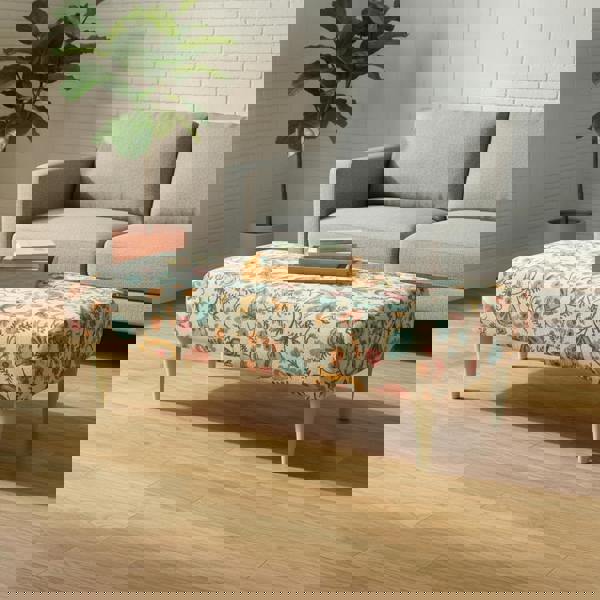 Durable designer fabric footstool with elegant solid wood construction