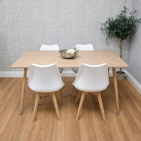 KOSY KOALA 4 Seater Modern Dining Table 140cm with Wood Effect Metal Leg and 4 White Chairs for Kitchen & Dining Room Furniture Set