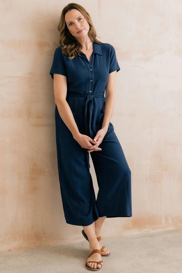 Lily & Me Josie Linen Blend Cropped Jumpsuit Navy