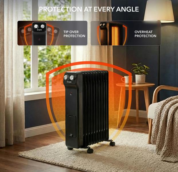 AIR PRO Oil-Filled Electric Radiator 2500W, Adjustable Thermostat, 3 Settings